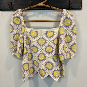 Week& Granny Cochet Daisy Floral Puff Sleeves Cropped Top Size S/M